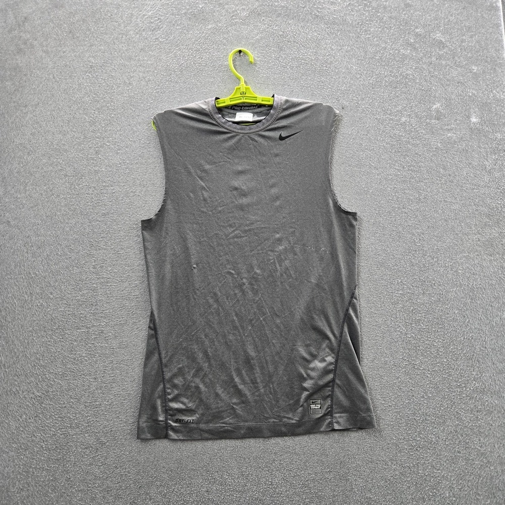 Nike Pro Combat Men Shirt M Gray Dri-Fit Activewear Logo Swoosh Sleeveless READ